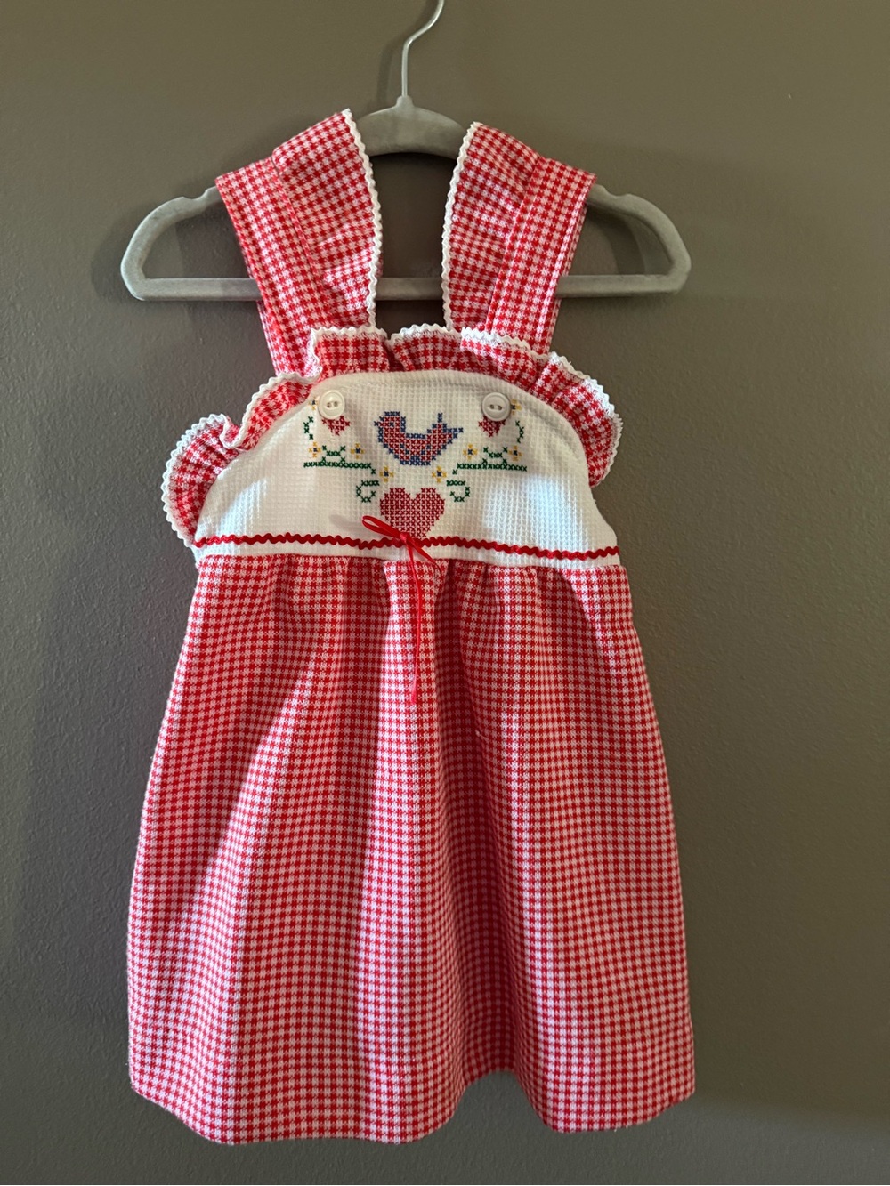 Red Gingham Cross-Stitch Pinafore Dress for Kids